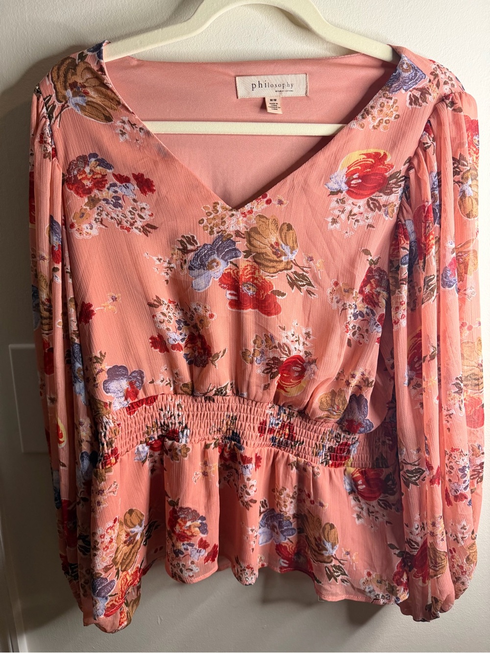 Philosophy Republic Clothing Floral Smocked Waist Peplum Blouse Pink M